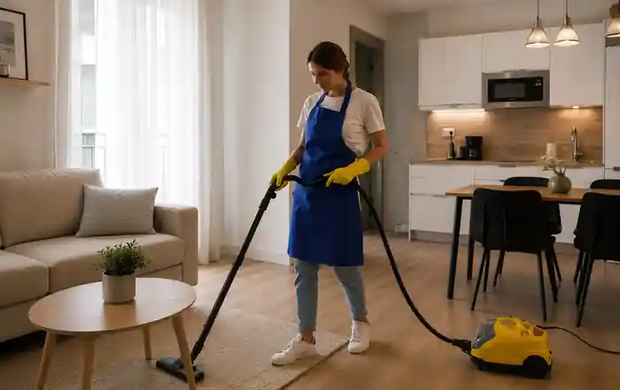 Profesional de Multidomestic limpiando apartamento-turistico