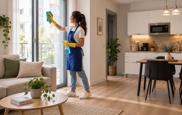 imagen de un apartamento con una empleada de Multidomestic limpiando ventana